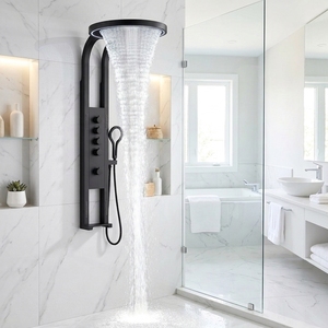 <span class=keywords><strong>Colonne</strong></span> de douche design moderne noir mat avec jets de massage corporel, cascade et pluie, et douchette à main - Product Image 1