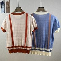 Haut en tricot à col rond et manches courtes pour femme avec broderie en corde, un haut à col rond tendance et ajusté