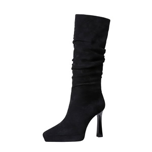 9399-1 Chunky High Heel Long Slim Waterproof Platform Side Zipper Wrinkled <strong>Slouch</strong> <strong>Boots</strong> Women Pointed Toe - Product Image 1