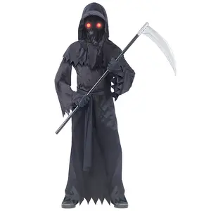 Unisex Child Halloween Black Grim Reaper Robe Costume With Gloves Scythe Light-Up Glasses Creepy Phantom Costume