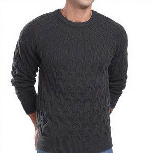 Pull en laine pour homme, col rond, manches longues, tricoté épais, couleur unie, pull chaud pour l'hiver - Product Image 3