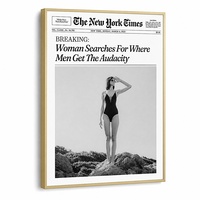 Toile encadrée or mat avec typographie journalistique : Femme cherche où les hommes obtiennent l'audace, en gros pour accent mural résidentiel haut de gamme