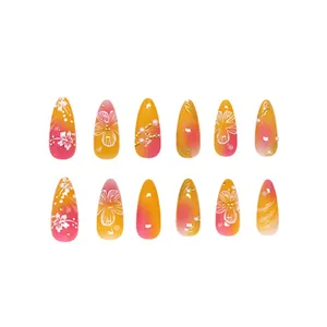 24 <span class=keywords><strong>faux</strong></span> ongles tendance Y2K pour femmes, en amande, <span class=keywords><strong>dégradé</strong></span> or/rose, à presser, imprimé fleur blanche, charme printemps-été - Product Image 5
