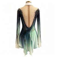 Robe de patinage artistique dégradé menthe-noir à manches longues avec strass et maille, costume de compétition de patinage sur glace personnalisé pour filles et femmes