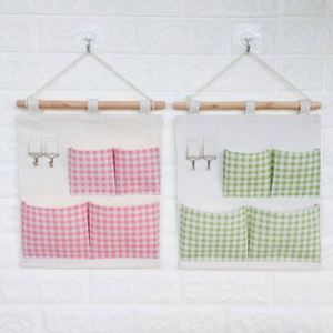 Sac de rangement mural minimaliste en coton et lin avec 1 bâton en bois et 4 poches, ensemble de 2 sacs de rangement muraux en tissu denim - Product Image 1