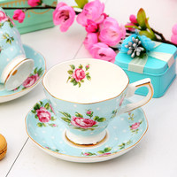 Ensemble de tasses à thé et soucoupes en porcelaine fine, personnalisé avec logo, de luxe, style européen vintage, motif floral rose, écologique, durable, sans BPA