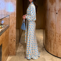 Nouvelle robe d'été ODM pour femme en polyester, coupe ajustée, anti-plis, à pois vintage, col en V, manches bouffantes, taille haute