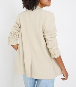 Women's Oatmeal <b>Blazer</b> Three Quarter Sleeve Notched Collar Single <b>Button</b> Solid Color Regular Fit Breathable Woven Fabric - Product Image 3
