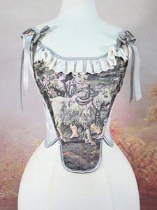 Top corto tipo bustier sexy con estampado de pintura al óleo vintage para mujer, de corte bajo, faja transpirable con vendaje y volantes, estilo camisola sin mangas - Product Image 1