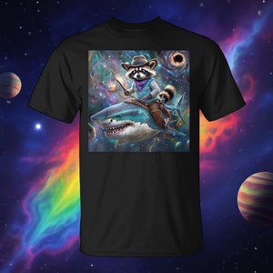 Camiseta con diseño de mapache montado en tiburón Rainbow Galaxy Meme, ajuste estándar unisex para adultos - Product Image 3