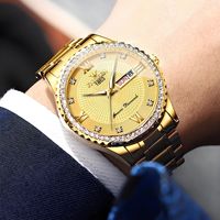 Montre-bracelet classique pour homme, quartz, acier inoxydable doré, étanche, calendrier, cadran lumineux, lunette sertie de diamants, style business, Relojes Para Hombre