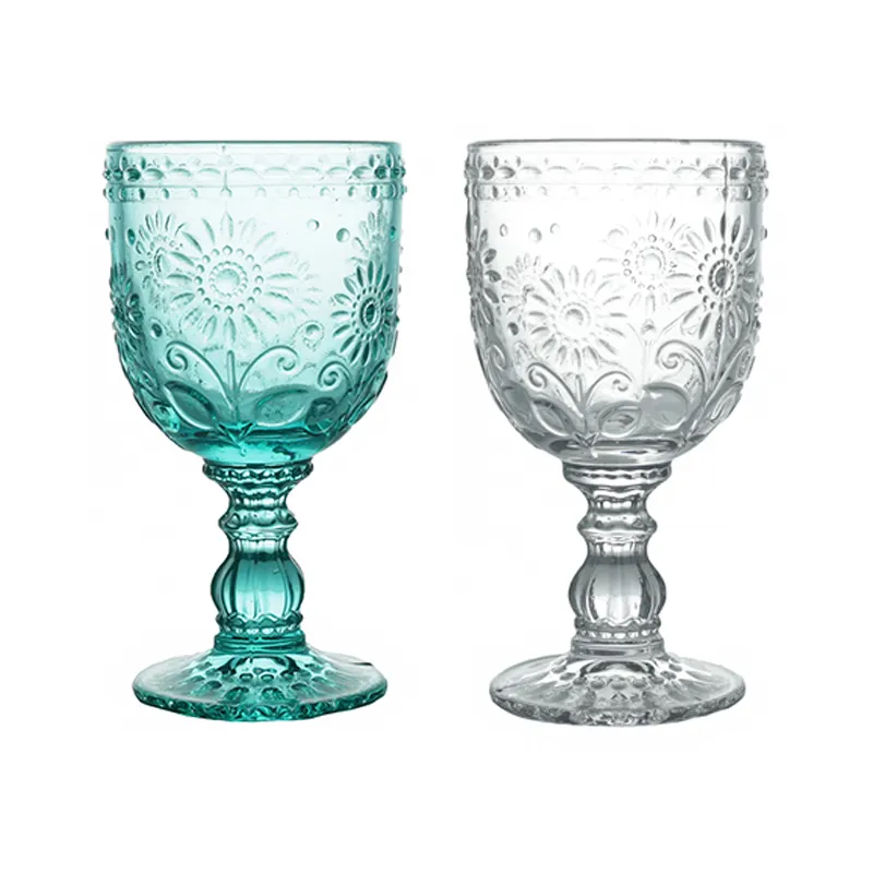 2023 New Ideas Cheap Soda-lime Vintage Wedding Colored Embossed Sunflower Glass Goblet For White Red Wine Water