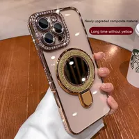 Housse de protection haut de gamme avec support de miroir en diamant scintillant magnétique pour iPhone 16 Pro Max 15 Pro Max