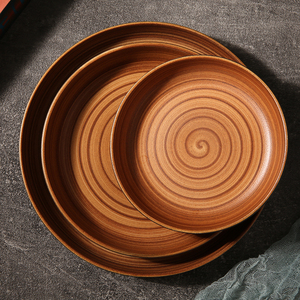 طبق سيراميك دائري بني عتيق من WEIYE بتصميم دائري مصنوع يدويًا من البورسلين لتقديم الطعام - Product Image 5