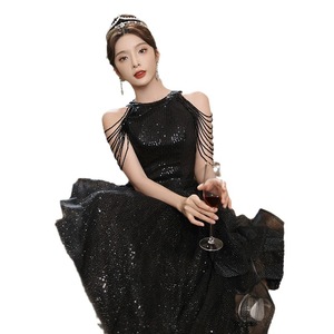 Black Evening Gown Women Halter Neck Empire Waist Asymmetric Tulle Long Dress Coming Of Age Ceremony 830 - Product Image 5