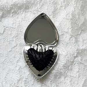 Customized Logo Printed Pocket <b>Compact</b> Folding Brush with <b>Mirror</b> Heart Foldable Portable Hair Brush with Keychain Cute Bag Charm - Product Image 3