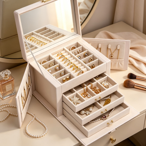Boîte à bijoux en cuir PU grande capacité avec miroir, tiroirs multicouches, organiseur de rangement pour boucles d'oreilles, bagues et colliers, cadeau pour femme - Product Image 3