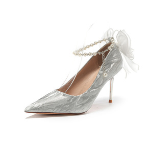 Zapatos de tacón de aguja con punta en pico, correa en el tobillo y lazo, zapatos de novia con tacón alto y brillantes, moda nupcial. - Product Image 5