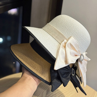Topi Jerami Wanita Model Bucket Lebar, Anti-UV, Modis, Elegan, untuk Luar Ruangan, dari Landfond Wholesale