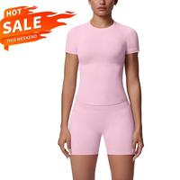 Pakaian Yoga 2 Potong Eropa Amerika Tanpa Jahitan Warna Solid Bernapas Ketat Elastis Tinggi Spandex/Nilon Anti Kusut