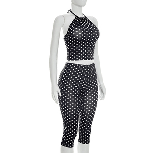 Viviblook D26ST222 Women <b>Set</b> <b>Sexy</b> Polka Dot Printed Drawstring Halter Tank Top Tight Fitting Cropped Pants Two Pieces <b>Set</b> - Product Image 3