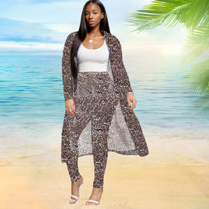 Pantalones ajustados con estampado de leopardo para mujer, conjuntos de dos piezas, abrigo largo a la moda - Product Image 4