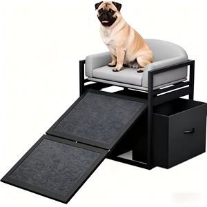 Rampe d'escalier moderne pour chien avec siège, rampe d'accès pour chien avec coussin, cadre en métal noir, pliable, utilisation comme perchoir de fenêtre en tissu - Product Image 2