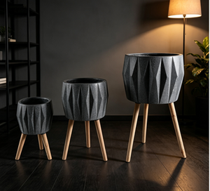 Diamond Faceted Tripod Plant <b>Pot</b> Set of 3, Modern Geometric Standing Flower Planter with Wooden Legs, Indoor Outdoor Decorative - Product Image 1