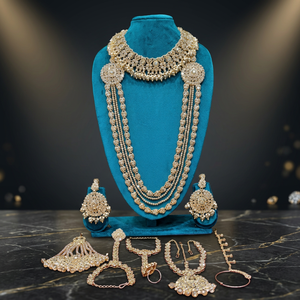 Traditional Heavy Rose Gold Bridal Accessories <b>Set</b> Red Crystal Choker Long Haram Necklace <b>Set</b> with Gemstone Drops - Product Image 4