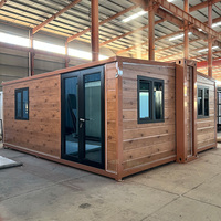Maison conteneur extensible à double aile de 20 pieds, préfabriquée, modulaire, mobile, avec extérieur imitation bois, petite maison extensible pour habitation