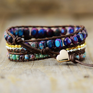 Bracelet en Cordon de Cuir avec Perles en Pierre Impériale en Forme de Cœur, Bijou Bohème Multicouche pour Femme, Idéal Cadeau - Product Image 2
