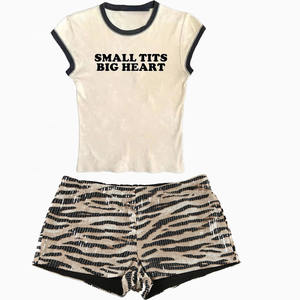 Estate Casual 2 pezzi Set corto vestito lettera stampata O collo t-shirt paillettes Zebra pantaloncini leopardati alla moda Set due pezzi - Product Image 2