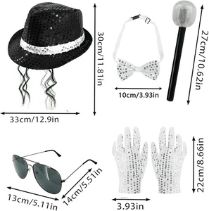 Costume <span class=keywords><strong>de</strong></span> fête disco SOLPOP années 70 et 80 pour hommes, ensemble <span class=keywords><strong>de</strong></span> 5 pièces pour <span class=keywords><strong>star</strong></span> pop, chapeau noir, lunettes, nœud papillon, paillettes, gants, microphone - Product Image 5