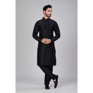 <b>Men</b> Black Solid Dupion Silk Straight <b>Kurta</b> with <b>Pajamas</b> Traditional Ethnic Wear for Festive Occasions and Celebrations - Product Image 1