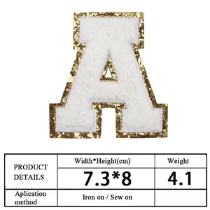 Wholesale chenille letter patches wholesale-Hot Alphabet glitter iron on patch letters white large embroidered chenille puffy letter patches with gold trim for women shirts