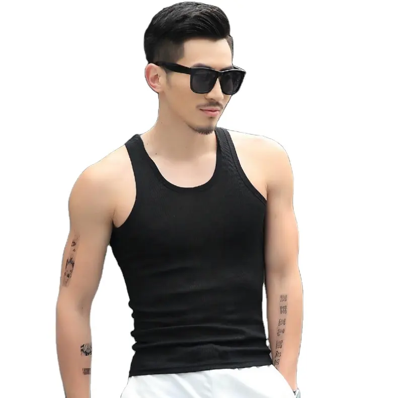 Personalized black mens polyester sleeveless ribbed plain shirts tank top vest singlet for men