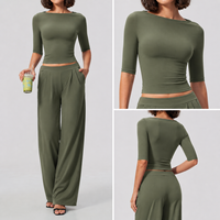 Pantalon large à plis avant sur mesure et chemise courte ajustée à manches courtes, ensemble de survêtement athleisure élégant pour femme en tissu extensible quadridirectionnel