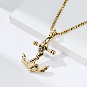 Joyería de estilo único, colgante de acero de titanio, collar de acero inoxidable con ancla y calavera para hombre, estilo punk hip-hop único. - Product Image 3
