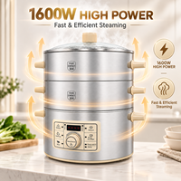 OEM 1600W 2 Tingkat Multifungsi Penghangat Makanan dengan Timer Tunda, Pengukus Makanan Rumah Tangga 15L, Pengukus Makanan Elektrik