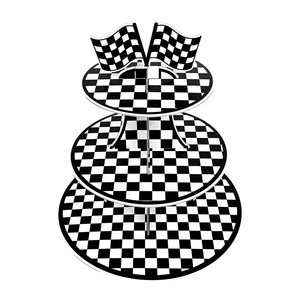 Support à gâteau à trois niveaux en papier à carreaux noir et blanc pour décorations de fête sur le thème des courses, présentation de table d'anniversaire - Product Image 3