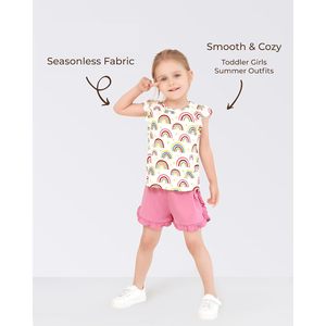 DREAMHALO Conjunto de camiseta sin mangas y pantalones cortos para niñas pequeñas, estampado de arcoíris, conjunto de 2 piezas con volantes rosas, de 2 a 6 años - Product Image 4