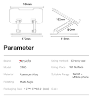 Support de bureau pliable et réglable en hauteur C185 Yesido, refroidi par air, en métal, pour ordinateur portable et tablette