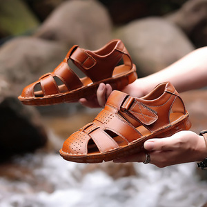 Summer Men's Closed Toe Cross Strap Sandals Genuine Leather Breathable Rubber Sole Casual Outdoor <b>Shoes</b> - Product Image 4