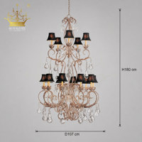 Lustre vintage de luxe en cristal avec abat-jour en tissu noir et cadre blanc antique pour hôtel, villa, salle de banquet