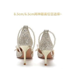 6692-19 Pearl Chain Beaded Bow Heels Graduation Party Shoes PU Leather Exquisite Luxury Adult Ceremony - Product Image 2
