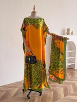 Ensemble robe longue imprimée pour femme, robe Moomoo assortie + bandeau foulard, tissu tissé décontracté, tenue légère toutes saisons