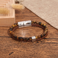 Bracelet en cuir pour homme, tendance, avec perles en pierre naturelle marron, simple, double couche, fermoir magnétique en alliage.