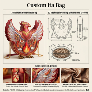 Bolso Ita Personalizado con Diseño <span class=keywords><strong>de</strong></span> Fénix Mítico, en Cuero Vegano Rojo, Detalle <span class=keywords><strong>de</strong></span> Pluma Translúcida, Tirador <span class=keywords><strong>de</strong></span> Cremallera con Llama, Estético, para Exhibición <span class=keywords><strong>de</strong></span> Pins - Product Image 1