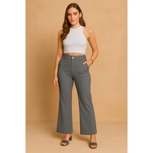 Pantalon gris évasé élégant pour femme, taille haute, élastique, tissu lisse, coupe décontractée, longueur longue, prêt à porter au quotidien, prêt pour le bureau, taille S - Product Image 1