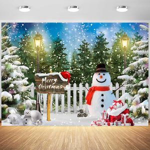 Fondo Fotográfico de Navidad y Año Nuevo con Decoración de Banderas, Nieve, Copos de Nieve, Muñecos de Nieve, Pinos y Bosques - Product Image 1